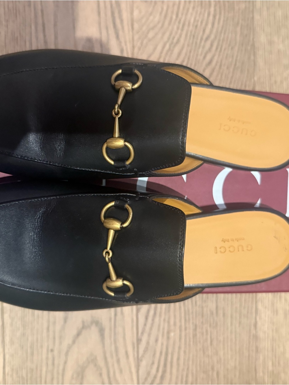 Gucci Black Leather Horsebit Mule Slides with Gold Hardware